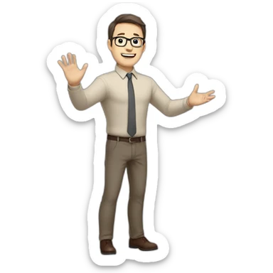 To belt Actively gesturing with hands Pale skinned fit man teacher with dark brown hair in gray jacket, beige office shirt, brown tie, brown pants and vintage glasses. sticker