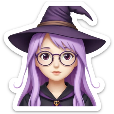 cute anime girl with long lilac hair wearing a witch hat and glasses sticker