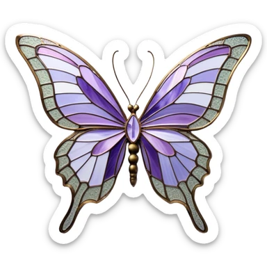 a stunningly detailed butterfly with lilac and ice-purple wings, adorned with an elegant mosaic-like pattern resembling stained glass. The wings should display a harmonious blend of swirling and geometric designs, giving them a mystical and artistic feel. The butterfly should have a graceful, elongated body with a subtle metallic sheen, enhancing its enchanting presence. sticker