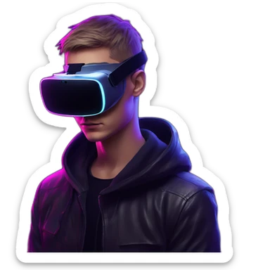 Russian young man wearing a black hoodie with "OMG" letters on it and VR headset in a cyberpunk VR environment with violet neon lighting. sticker