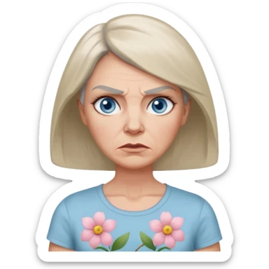 a woman in her 50s with angry face and bambi light blue eyes and pale tan with rosacea, greyish shoulder length hair and slim face, grey thin eyebrows, thin lips and flower pattern tshirt  sticker