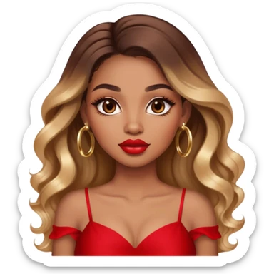 light brown skin tone, very beautiful woman, with big plump lips, long long lashes, ombre wavy long hair, brown eyes, red dress, gold hoop earrings sticker