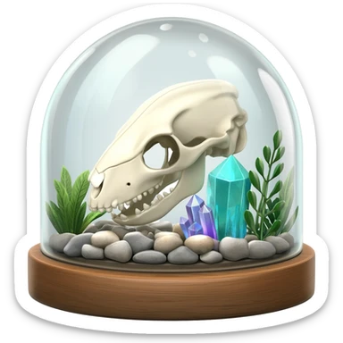 A terrarium glass dome with an animal skull inside, shiny pebbles and crystal inside. And plants inside  sticker