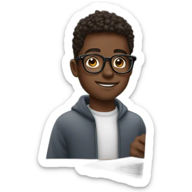 boy with transparent specs wearing airpods in front of macbook sticker