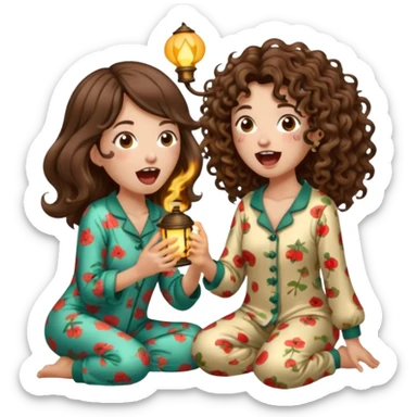 pajama forest duo — long wavy brown hair tattooed woman and short tight curly brown hair woman — mushroom pajamas yawning with lantern sticker