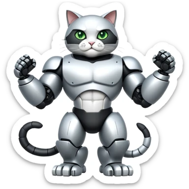 Robot Buff Jacked up Huge jumbo Super Duper Muscular Cat with a 10 pack full body black and white tuxedo colored body and green eyes and abs sticker
