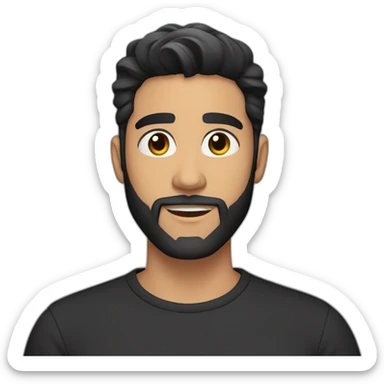 25 year old Hispanic man with a beard and thick eyebrows light skin, black shirt and side fades and a comb over sticker