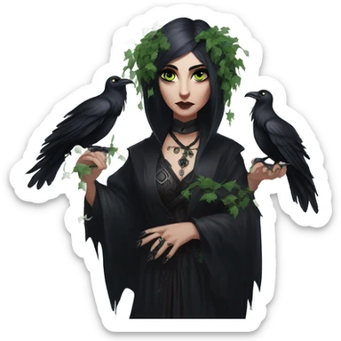 the morrigan goth woman version vines style furr robe stylish boots, perfect eyes, raven on hand, green vines decor on ground sticker