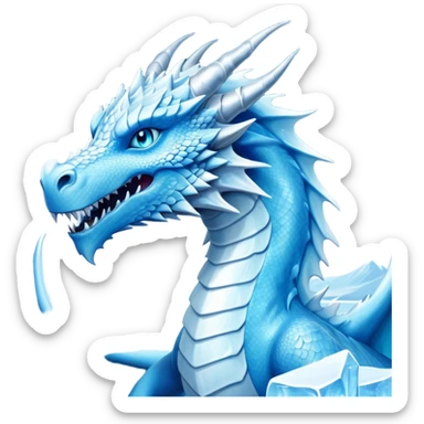 Cinematic Noble wise elegant Ice Dragon Portrait Emoji, Poised and imposing, distinct long elegant snout, with a slender, scaled body shimmering in glacial hues of icy blue, frostbitten silver, and crystalline white, breathing out frost, with piercing, glowing ice blue white eyes that radiate the chilling depths of an arctic storm; rendered in detail. excuding wisdom sticker