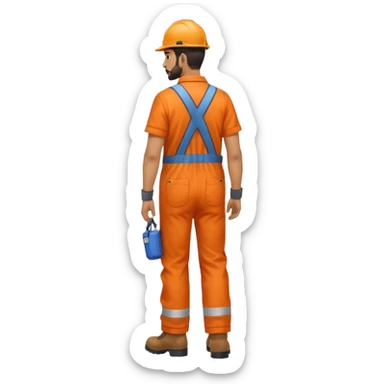 Indian male railway engineer orange overalls, boots walking back view sticker
