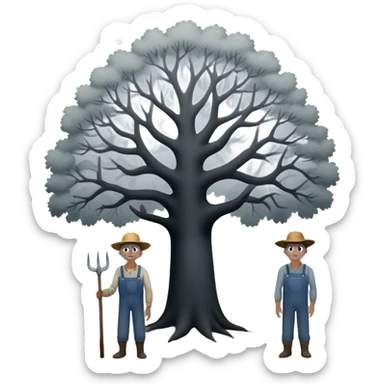 A cursed farmer couple staring into your soul with their giant white dots for eyes and the male farmer is standing next to a tree and they are both grayish black figures and the background is an extremely foggy field in a rural place sticker