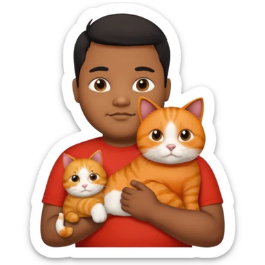 Indian black chubby guy with black middle parted hair in red t-shit with orange cat, age-24 sticker