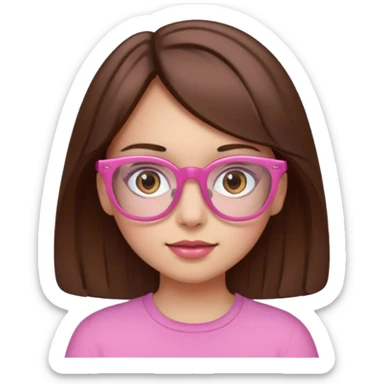 girl with medium brown hair and brown eyes, wearing pink glasses sticker