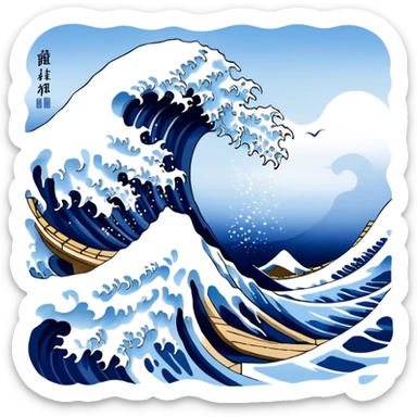Cinematic Realistic Great Wave off Kanagawa, depicted as a colossal, crashing wave with dynamic blue hues and frothy white crests, rendered with intricate textures and fluid motion that captures both the timeless power and poetic beauty of the iconic Japanese artwork sticker