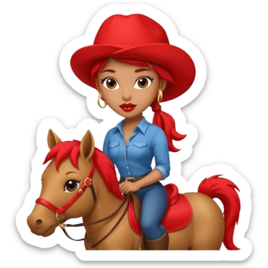 cinematic realistic - a seductive girl rides a pony and wears a huge lipstick on her head sticker