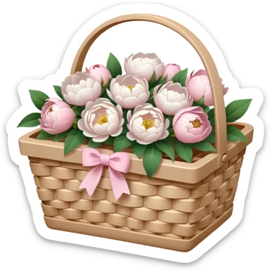 White Picnic basket with light pink bow and white peonies inside sticker