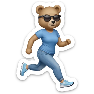 friendly anthropomorphised female bear in jeans and a t-shirt, wearing dark sunglasses, jogging upright in relaxed pose sticker