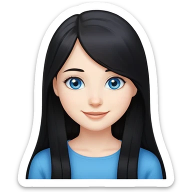 A beautiful girl with blue eyes and long straight black hair and white skin with a smile sticker