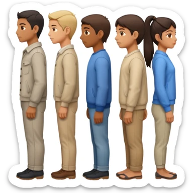 A row of five people standing one behind the other, all facing to the right, side view. sticker