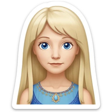 50 yr old white woman, hippie parted very long hair, short bangs, very long straight blond hair, oval face, small smile, blue eyes, thin face, hair downback, hair parted at center of head, round cheeks, pale, longer hair, white evening dress sticker