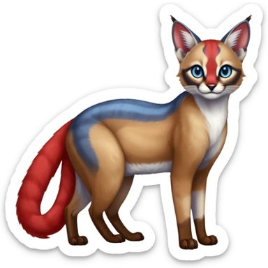 White and blue and red Asian painted anime-styled big-eyed shiny glorious divine marked exotic cool beautiful realistic caracal-civet-genet-sergal-oncilla-animal-Fakémon-hybrid-fursona (full body) sticker