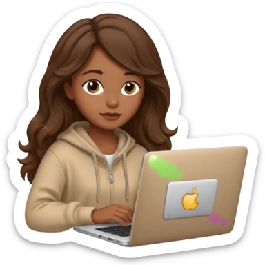 make a picture in ios 18 style of a girl with brown long wavy hair wearing cozy beige clothes and working on a laptop sticker