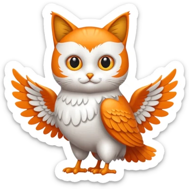 crea un gato con alas de búho con pelaje color naranja y blanco sticker