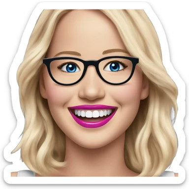 Happy laughing Jennifer Lawrence,  blue eyes wearing glasses and pink lipstick  sticker