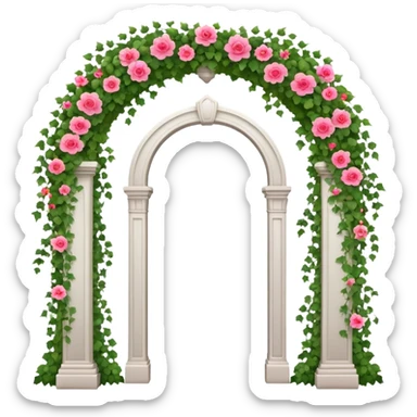 White tall archway with vines, ivies, and romantic pink and red flowers  sticker