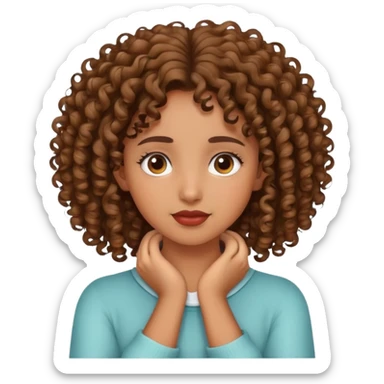 A brown girl with curly hair holding her neck with both hands. sticker
