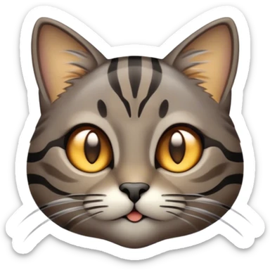 Cinematic Cute Grey and Black Brown Tabby Cat Portrait Emoji, Head tilted playfully and inquisitively, sleek grey-brown fur with bold black tabby stripes and a distinctive M-shaped marking on the forehead, sparkling amber eyes, Simplified yet irresistibly adorable features, highly detailed, glowing with a warm, friendly glow, high shine, affectionate and curious, stylized with a touch of whimsy, bright and endearing, soft glowing outline, capturing the essence of a mischievous yet loving kitten, so playful it feels like it could pounce out of the screen and into your arms! sticker
