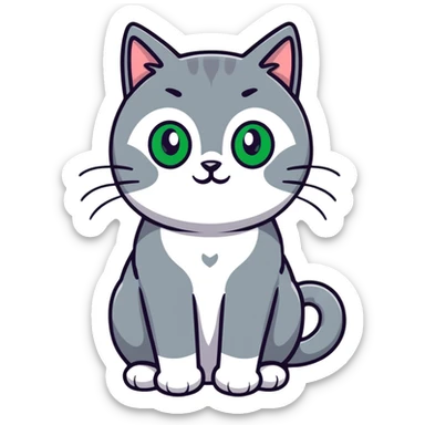 Elegant gray cat with smooth fur, large green eyes, serene expression, sitting facing camera sticker
