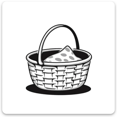 A wicker picnic basket with handle and some picnic items peeking out in pastel colors (dd9fb0, ffc6d3, a3bfc9, c4bee2, f1b091), hand-drawn doodle style sticker