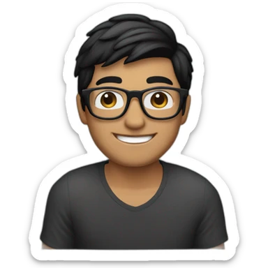 an apple memoji style emoji of a young man in transparent glasses with medium black hair and a smile on his face with a laptop in front of him. Laptop should be visible sticker