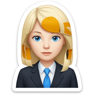 40 yr old white woman, pale skin, long straight blond hair parted in center, blue eyes, bangs, dress clothes for work sticker