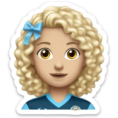 A girl with blonde curly hair blue eyes wearing a Man City top sticker