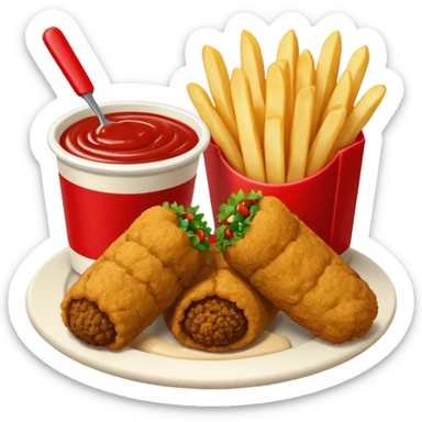 falafel and fries, with two containers with  red sauce and white sauce  sticker