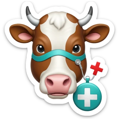 Emoji-style icon of a cow and buffalo with a medical cross and warning pulse or health indicator, showing disease detection. Simple emoji design, teal and white theme, no text, transparent background. sticker