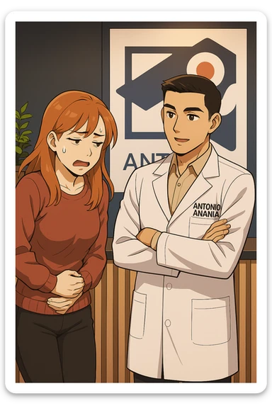 su questo stile fai un manga/webtoon a colori in cui una donna si lamenta che sta male e ha mal di pancia, l'uomo della foto in stile manga gli risponde, mantieni un ambiente simile alla foto che ho allegato con il suo logo (sarebbe il suo studio, lui è un kinesiologo), scrivigli "ANTONIO ANANIA" sul camice bianco, non mettere fumetti, ma fai in modo che sembri che la donna chiede una cosa e l'uomo risponde alla sua domanda sticker