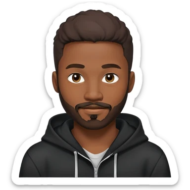 African yound man in his late 20s with a wink and  full short boxed beard and moutache , and a low cut hair, black hoody sticker