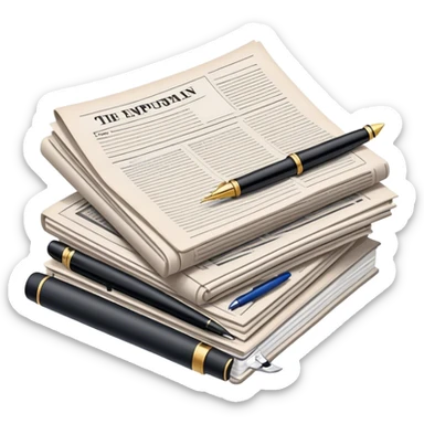 Create an emoji representing journalism and publicistic writing. The design should feature a stack of newspapers as the base, with an open working notebook placed on top of them. A single fountain pen should rest on the very top of the notebook, symbolizing the act of writing. Use neutral, professional colors like black, white, and muted tones to convey a sense of seriousness and intellect. Do not include any emojis or smiley faces. Make the background transparent. sticker