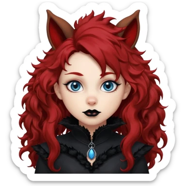  long super curly blood red hair (darker), red pointed squirrel ears with black trim, black goth outfits, body and face human, blue eyes, more pointy chin, black lipstick, one big fluffy red squirrel tail with black tips, close her mouth, less evil looking sticker
