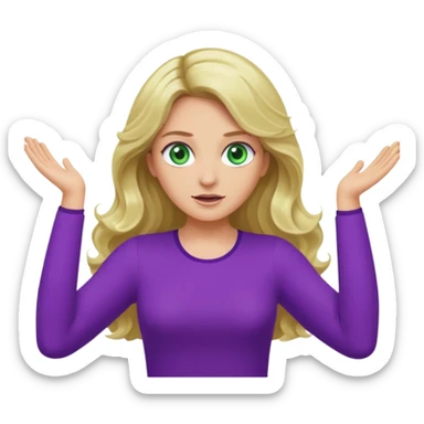 lady with long blonde wavy hair, green eyes and purple top top throwing arms in the as if confused sticker