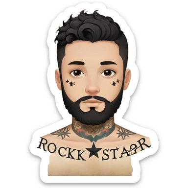 ki es un hombre joven con barba prolija, pelo corto a los lados y rulos oscuros arriba. Tiene varios tatuajes en la cara: una estrella negra pequeña debajo de su ojo derecho, la palabra “Rockstar” escrita en letra cursiva en la frente (lado derecho), y una cruz pequeña cerca del ojo izquierdo. En el cuello, suele tener diseños más grandes y oscuros, tipo lettering o símbolos, aunque suelen variar. Usa cadenas gruesas y ropa urbana (buzo oversize o campera deportiva), con expresión confiada o seria. sticker
