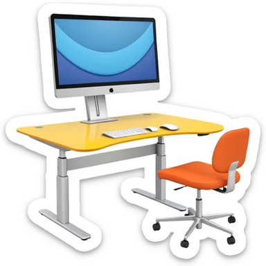 A height-adjustable office desk with a visible central lifting mechanism and a large flat monitor placed on top. The desk should look modern and minimal, symbolizing an ergonomic workstation. Rounded shapes, flat bright colors, consistent with standard emoji design. sticker