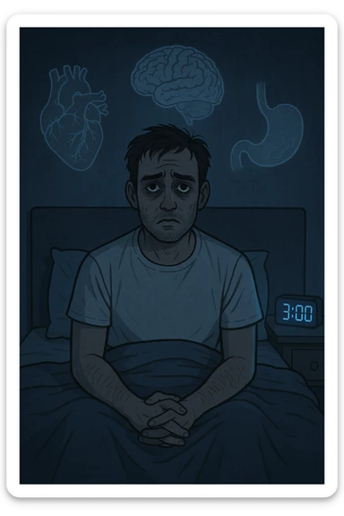 a man sits awake in bed in the middle of the night, dark circles under his eyes and a tired, anxious expression. The room is dimly lit by the blue glow of a phone or digital clock showing 3:00 AM. Around him, faint ghostly overlays of anatomical drawings highlight affected organs—heart, brain, and stomach—symbolizing the physical harm caused by disrupted sleep. sticker