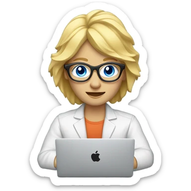 PCB designer behind macbook, blond, blue eyes with classes sticker