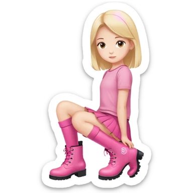  top and skirt with pink inscription “girl”  squatting in pink boots sticker