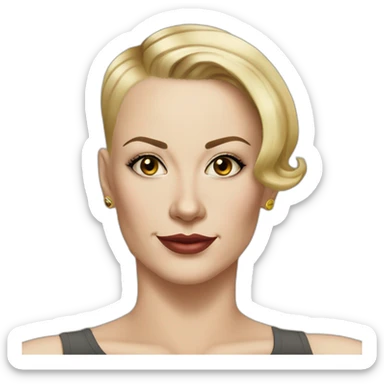 white woman in her forties hazel eyes shaved hair on one side blond short hair on other side upturned nose black tanker tattoo on the shoulders sticker