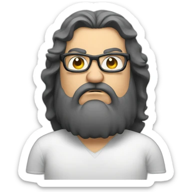 Angry Obese man with glasses beard and long hair in front of a monitor sticker